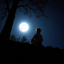 A boy sitting on a stone wall, gazing up at the moon and twinkling stars, deeply lost in thought