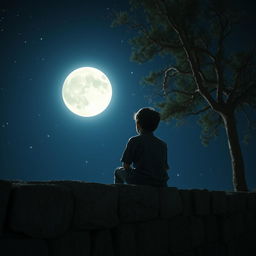 A boy sitting on a stone wall, gazing up at the moon and twinkling stars, deeply lost in thought