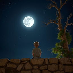 A boy sitting on a stone wall, gazing up at the moon and twinkling stars, deeply lost in thought