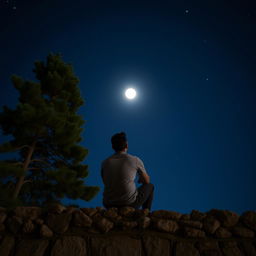 A man sitting on a stone wall, gazing up at the moon and stars, deeply lost in thought