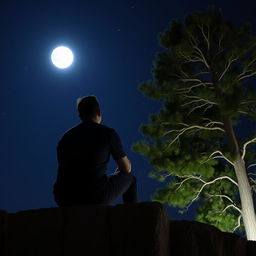 A man sitting on a stone wall, gazing up at the moon and stars, deeply lost in thought