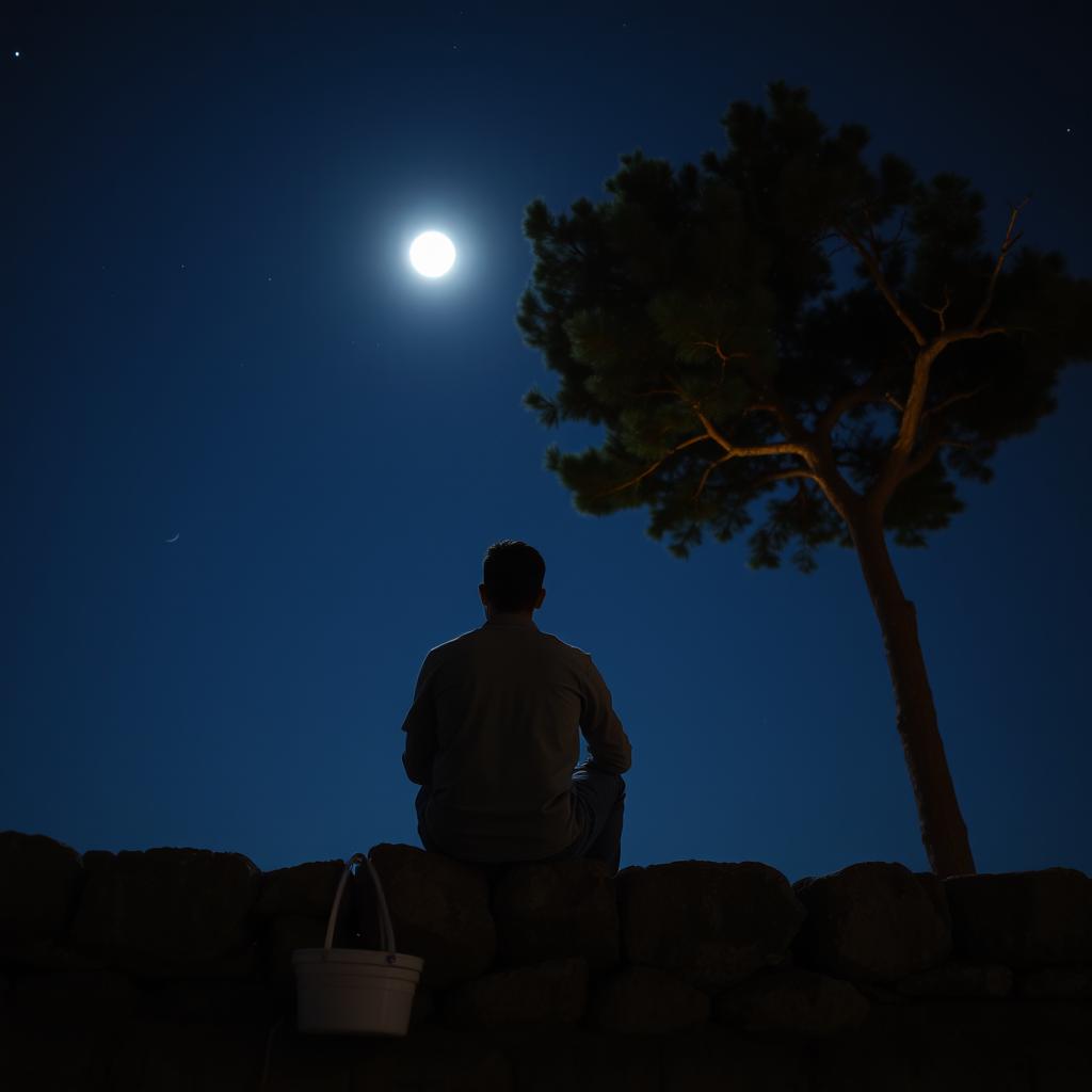 A man sitting on a stone wall, gazing up at the moon and stars, deeply lost in thought