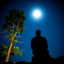 A man sitting on a stone wall, gazing up at the moon and stars, deeply lost in thought