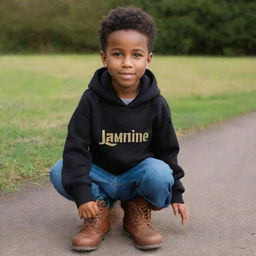 A handsome, dark-skinned boy with a beard. He's wearing a black hoodie with the name 'Jamine' written across the front, and brown boots.