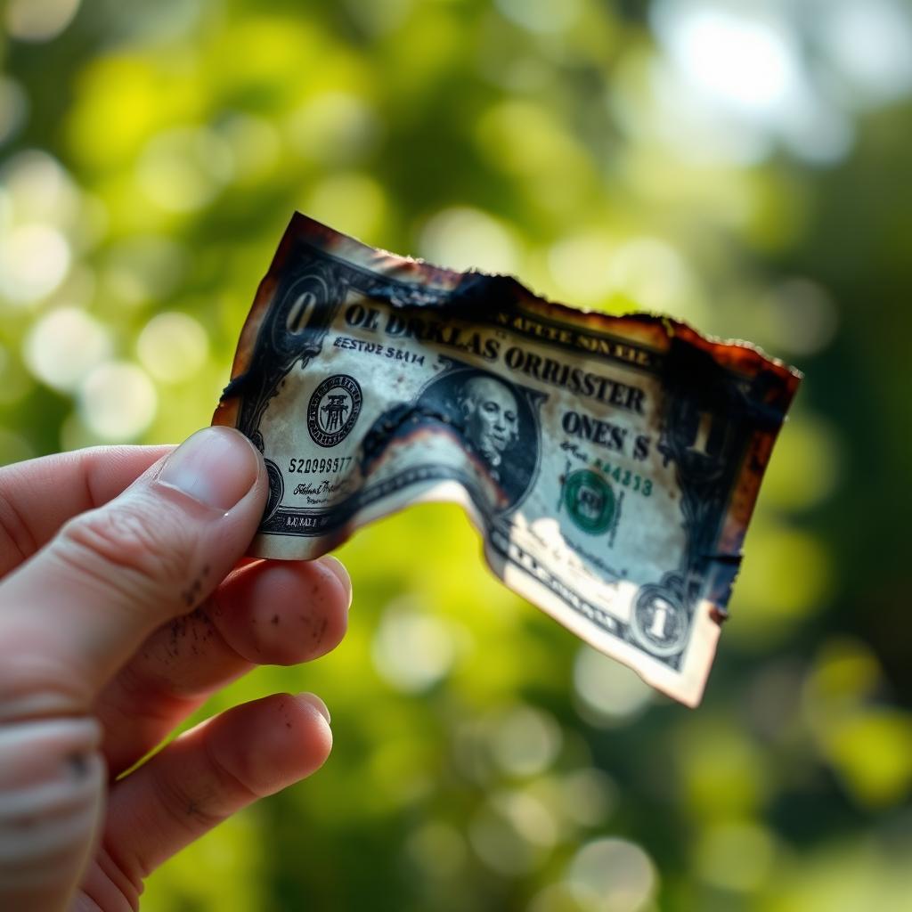 A close-up of a hand holding a burned dollar bill, the edges of the bill are singed and blackened, with the hand appearing slightly sooty from handling it