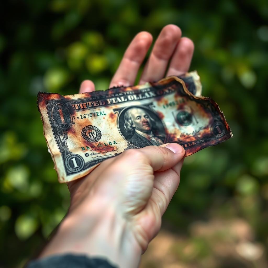 A close-up of a hand holding a burned dollar bill, the edges of the bill are singed and blackened, with the hand appearing slightly sooty from handling it