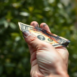 A close-up of a hand holding a burned dollar bill, the edges of the bill are singed and blackened, with the hand appearing slightly sooty from handling it