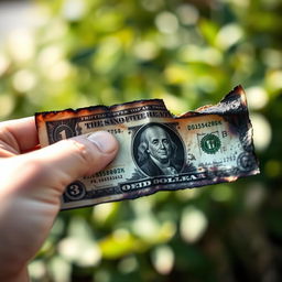 A close-up of a hand holding a burned dollar bill, the edges of the bill are singed and blackened, with the hand appearing slightly sooty from handling it