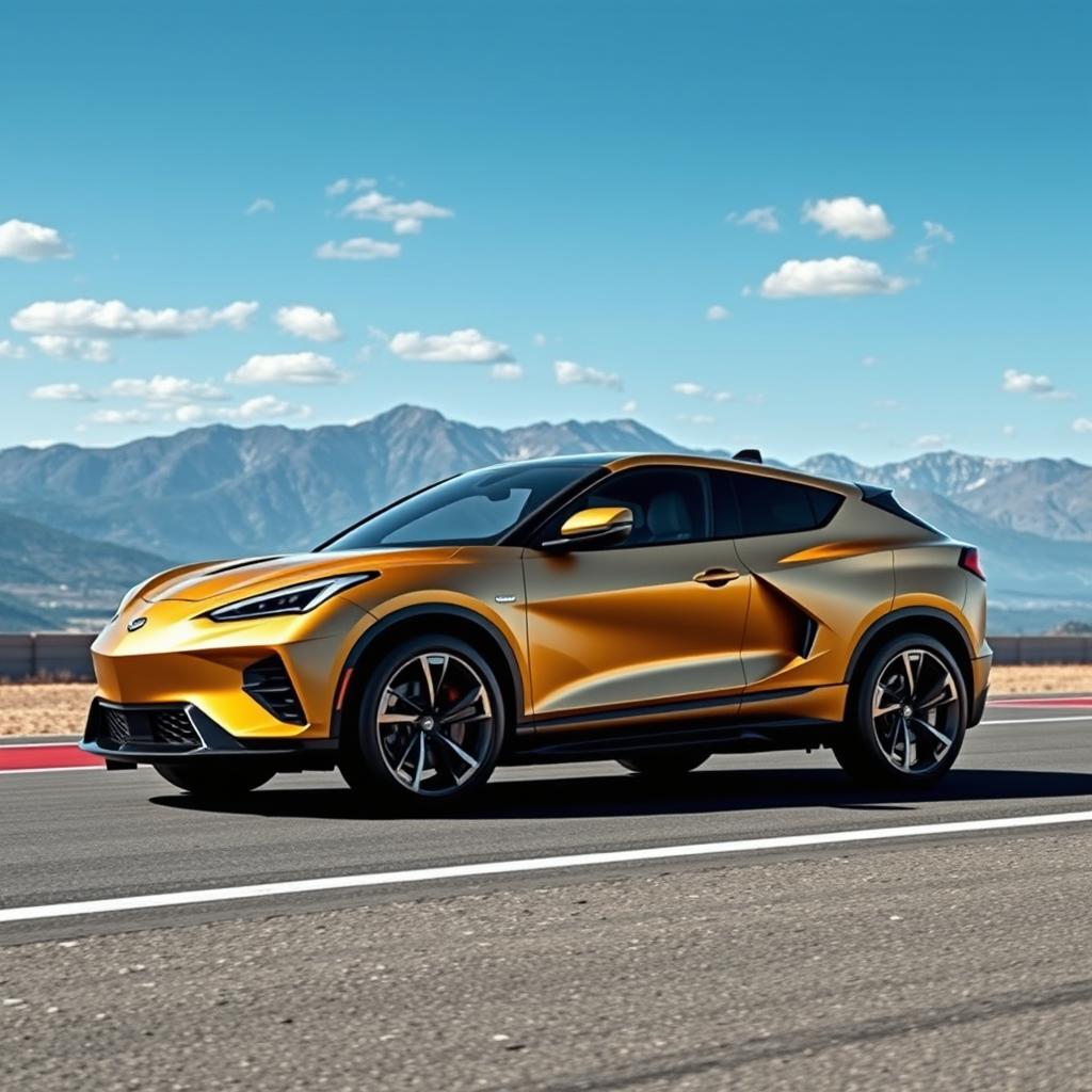 An innovative fusion of the Corvette C8 and the Cadillac Lyriq, creating a stunning 4-door crossover utility vehicle (CUV) with a sleek and modern profile in a luxurious matte gold finish