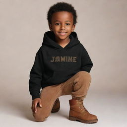 A handsome, dark-skinned boy with a beard. He's wearing a black hoodie with the name 'Jamine' written across the front, and brown boots.