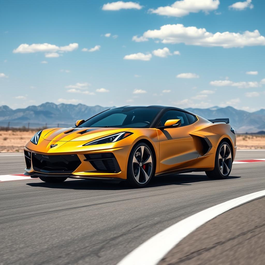 An innovative fusion of the Corvette C8 and the Cadillac Lyriq, creating a stunning 4-door crossover utility vehicle (CUV) with a sleek and modern profile in a luxurious matte gold finish