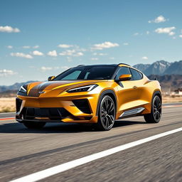 An innovative fusion of the Corvette C8 and the Cadillac Lyriq, creating a stunning 4-door crossover utility vehicle (CUV) with a sleek and modern profile in a luxurious matte gold finish