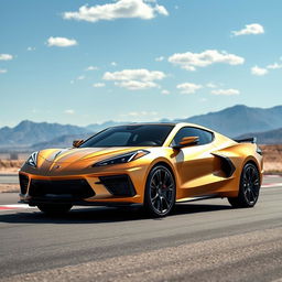 An innovative fusion of the Corvette C8 and the Cadillac Lyriq, creating a stunning 4-door crossover utility vehicle (CUV) with a sleek and modern profile in a luxurious matte gold finish