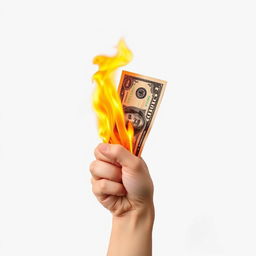 A front-facing hand gripping a flaming dollar bill, the flames brightly contrasting against the white background