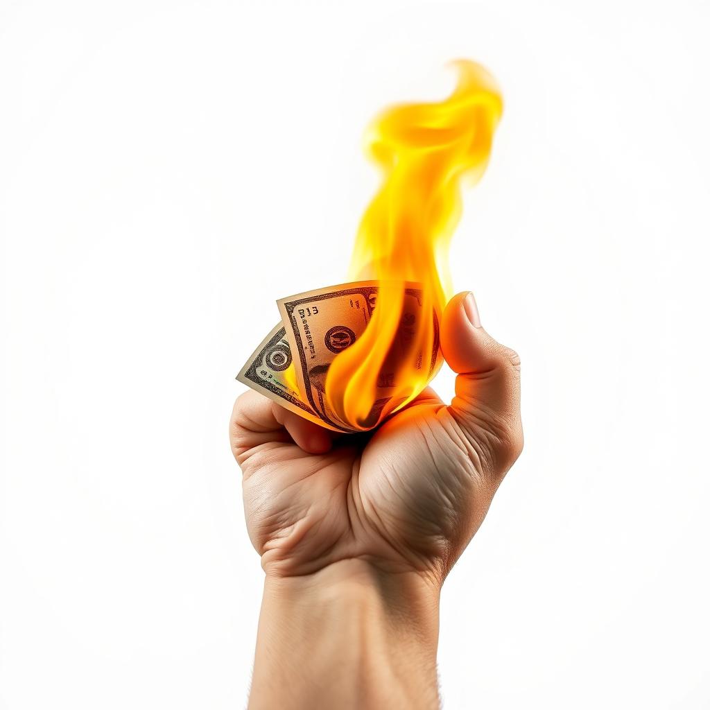 A front-facing hand gripping a flaming dollar bill, the flames brightly contrasting against the white background