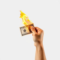 A front-facing hand gripping a flaming dollar bill, the flames brightly contrasting against the white background