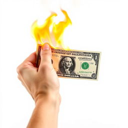 A front-facing hand gripping a flaming dollar bill, the flames brightly contrasting against the white background