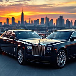 A luxurious fusion of design featuring a Rolls Royce and a Maybach Exelero parked together in an opulent setting