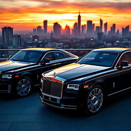 A luxurious fusion of design featuring a Rolls Royce and a Maybach Exelero parked together in an opulent setting