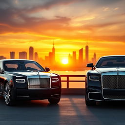 A luxurious fusion of design featuring a Rolls Royce and a Maybach Exelero parked together in an opulent setting