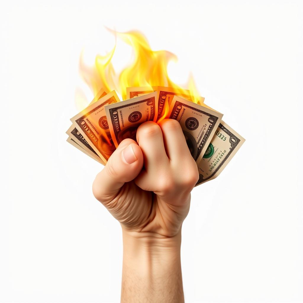 A front-facing hand gripping multiple flaming dollar bills, the flames vividly illuminating the bills with orange and yellow hues against a stark white background