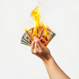 A front-facing hand gripping multiple flaming dollar bills, the flames vividly illuminating the bills with orange and yellow hues against a stark white background