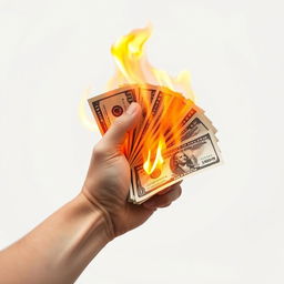 A front-facing hand gripping multiple flaming dollar bills, the flames vividly illuminating the bills with orange and yellow hues against a stark white background