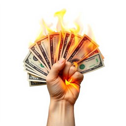 A front-facing hand gripping multiple flaming dollar bills, the flames vividly illuminating the bills with orange and yellow hues against a stark white background