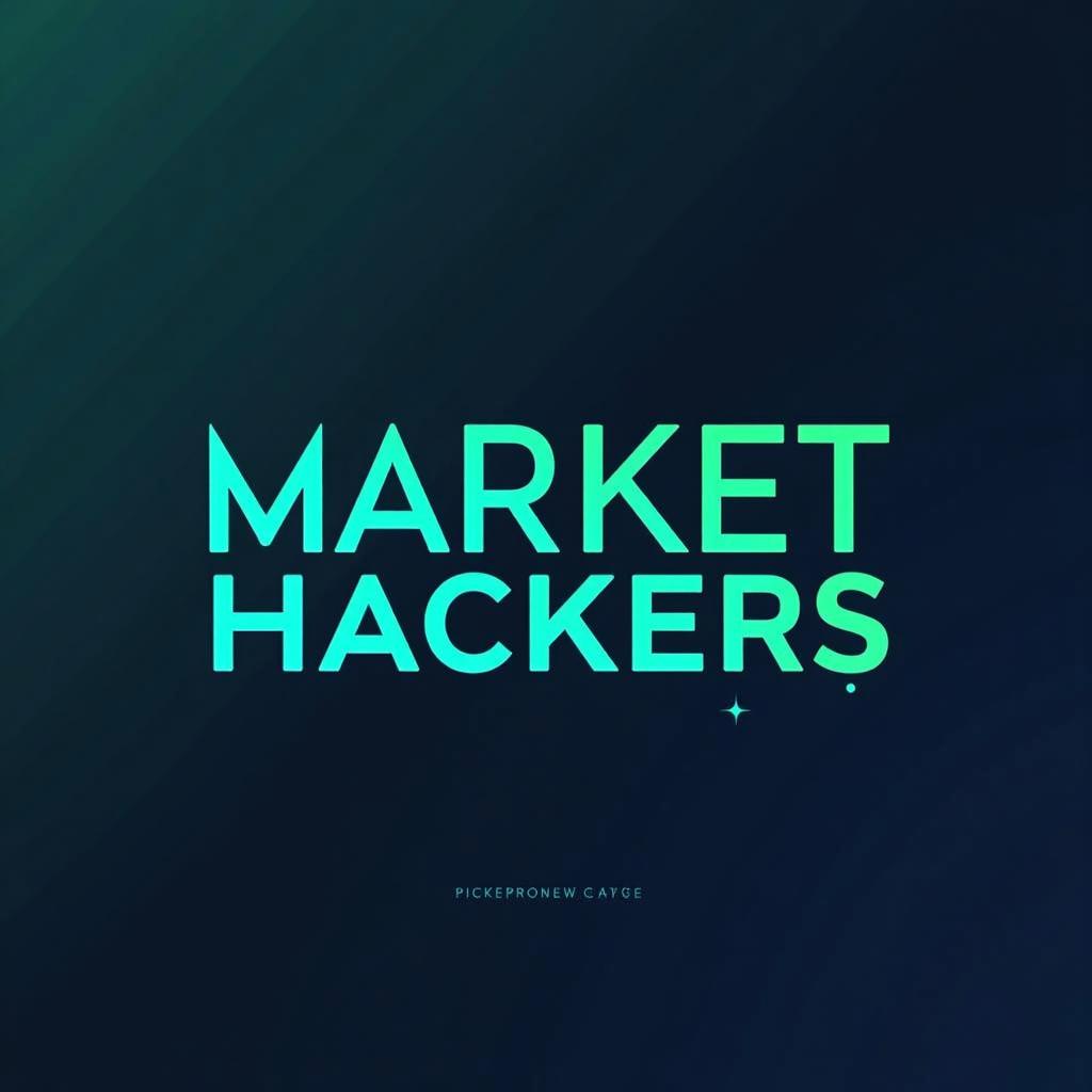 A sleek and modern graphic design featuring the title 'Market Hackers' prominently displayed in bold, futuristic typography