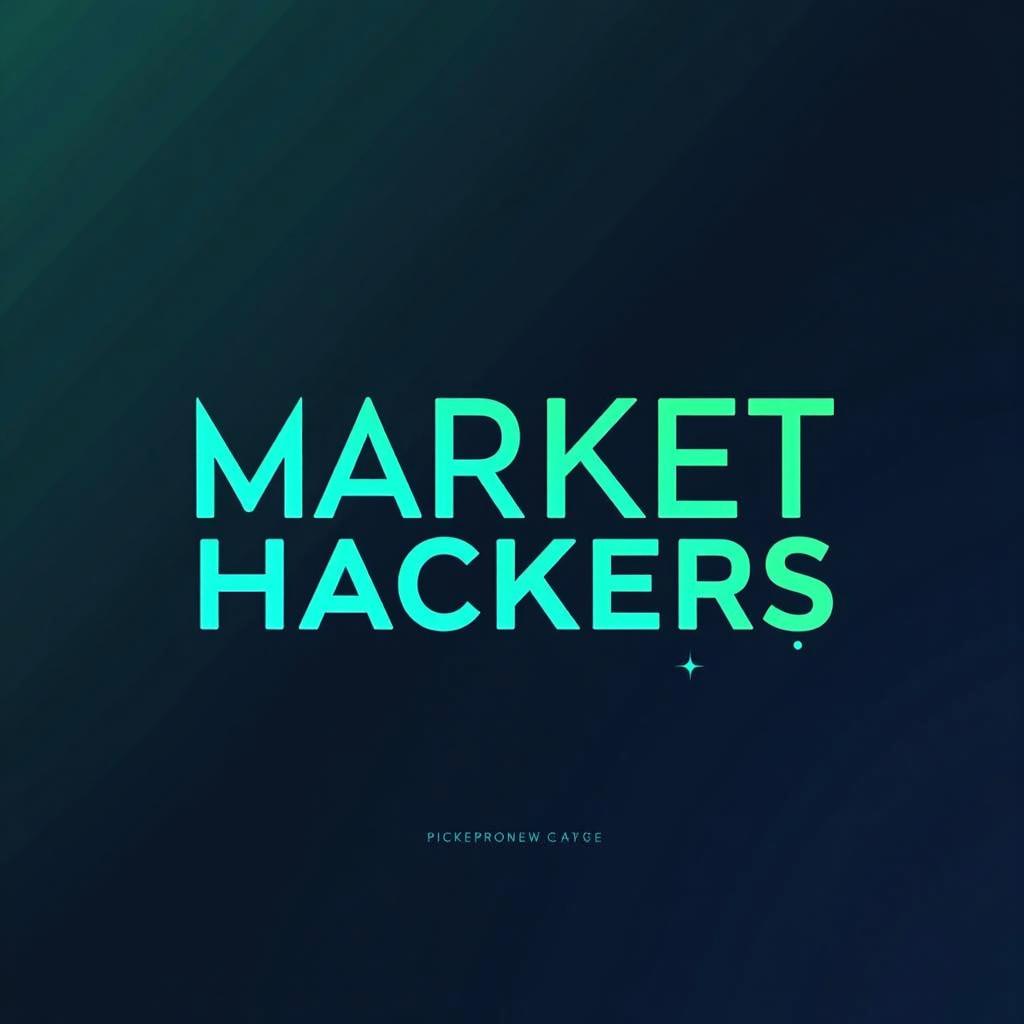 A sleek and modern graphic design featuring the title 'Market Hackers' prominently displayed in bold, futuristic typography