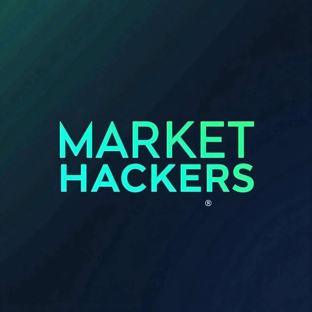 A sleek and modern graphic design featuring the title 'Market Hackers' prominently displayed in bold, futuristic typography