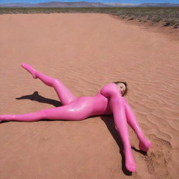 Image of an elegant girl in a pink catsuit and long latex socks, laying barefoot in a desert landscape, highlighting her beautiful feet.