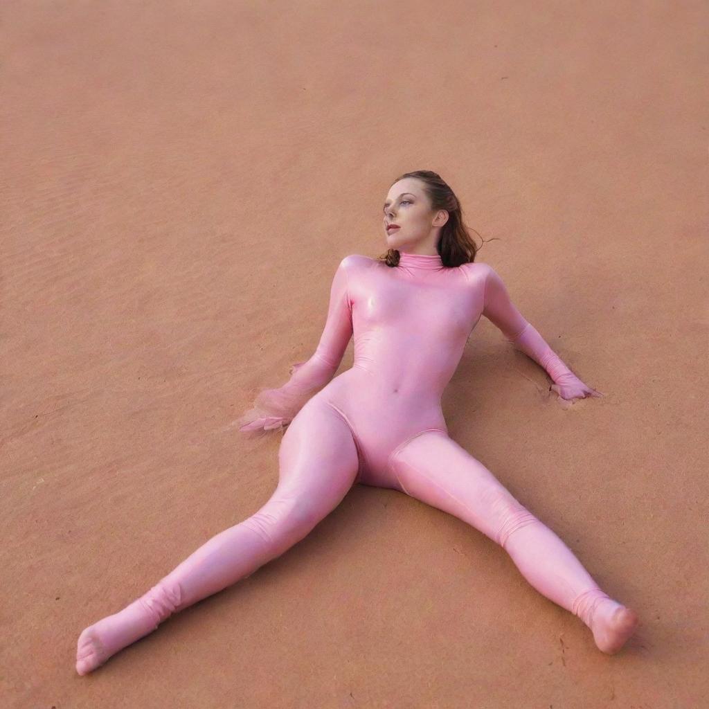 Image of a chic girl in a pink catsuit and long latex socks lying barefoot in the desert, showcasing her beautiful feet.