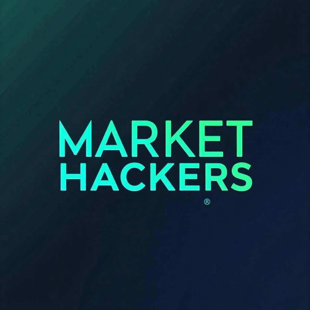 A striking graphic design featuring the text 'Market Hackers' in bold, modern typography, glowing in vibrant teal against a gradient background transitioning from deep navy to dark green