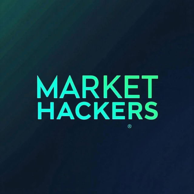 A striking graphic design featuring the text 'Market Hackers' in bold, modern typography, glowing in vibrant teal against a gradient background transitioning from deep navy to dark green