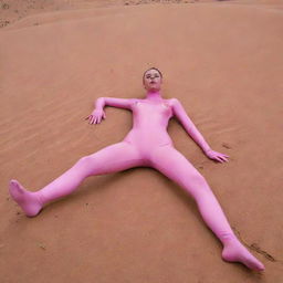 Image of a chic girl in a pink catsuit and long latex socks lying barefoot in the desert, showcasing her beautiful feet.