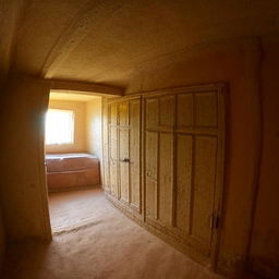 A room with two doors, one on the north wall's right side and the other on the west wall's right side. Two windows, a three-compartment window on the south wall's middle and a 4-compartment window on the east wall's middle. Contains a single bed.