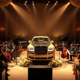 A luxurious concert design featuring a Rolls-Royce, set against an elegant backdrop