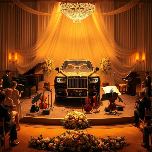 A luxurious concert design featuring a Rolls-Royce, set against an elegant backdrop