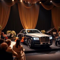 A luxurious concert design featuring a Rolls-Royce, set against an elegant backdrop