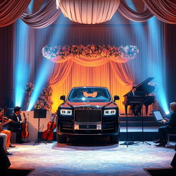 A luxurious concert design featuring a Rolls-Royce, set against an elegant backdrop