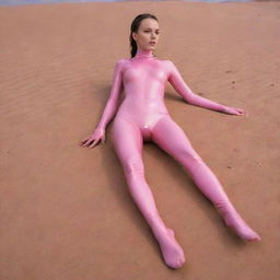 Image of a chic girl in a pink catsuit and long latex socks lying barefoot in the desert, showcasing her beautiful feet.