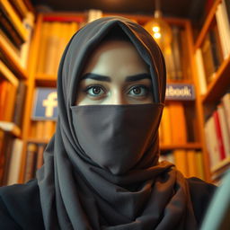 A personal photo of a woman wearing a hijab, subtly capturing her from a low angle, with her face slightly obscured but her eyes visible, reflecting wisdom and creativity