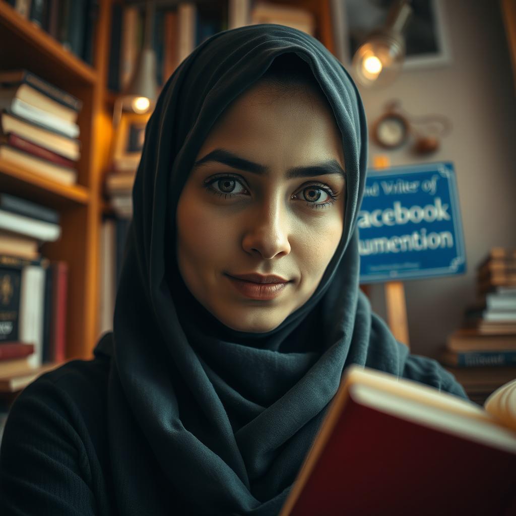 A personal photo of a woman wearing a hijab, subtly capturing her from a low angle, with her face slightly obscured but her eyes visible, reflecting wisdom and creativity