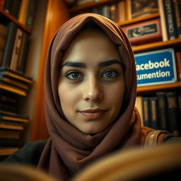 A personal photo of a woman wearing a hijab, subtly capturing her from a low angle, with her face slightly obscured but her eyes visible, reflecting wisdom and creativity