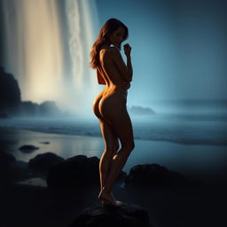 A beautifully lit art piece featuring an elegant and tasteful nude female form, standing gracefully with soft lighting highlighting her silhouette against a serene natural backdrop, such as a gently flowing waterfall or a tranquil beach at twilight