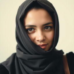 A personal photo of a woman wearing a hijab, captured in a candid moment, with her face partially obscured to lend an air of mystery