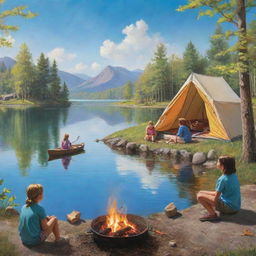 A vibrant, lifelike artwork featuring children partaking in various spring camp activities such as bird-watching, butterfly netting, canoeing on a serene lake, and roasting marshmallows around a crackling campfire under a clear blue sky.