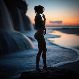 A beautifully lit art piece featuring an elegant and tasteful nude female form, standing gracefully with soft lighting highlighting her silhouette against a serene natural backdrop, such as a gently flowing waterfall or a tranquil beach at twilight