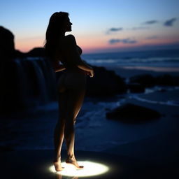 A beautifully lit art piece featuring an elegant and tasteful nude female form, standing gracefully with soft lighting highlighting her silhouette against a serene natural backdrop, such as a gently flowing waterfall or a tranquil beach at twilight